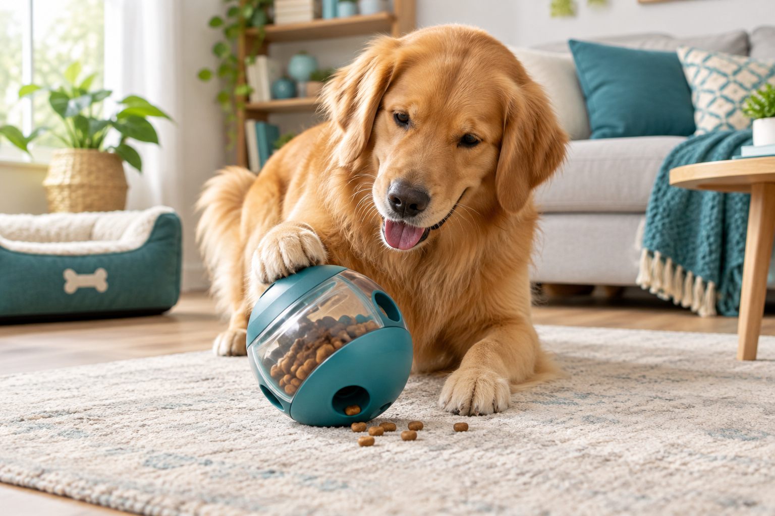 Happy dog playing with a pet gadget